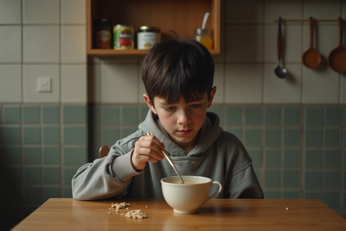 Adolescent remuant un bol de porridge dans la cuisine