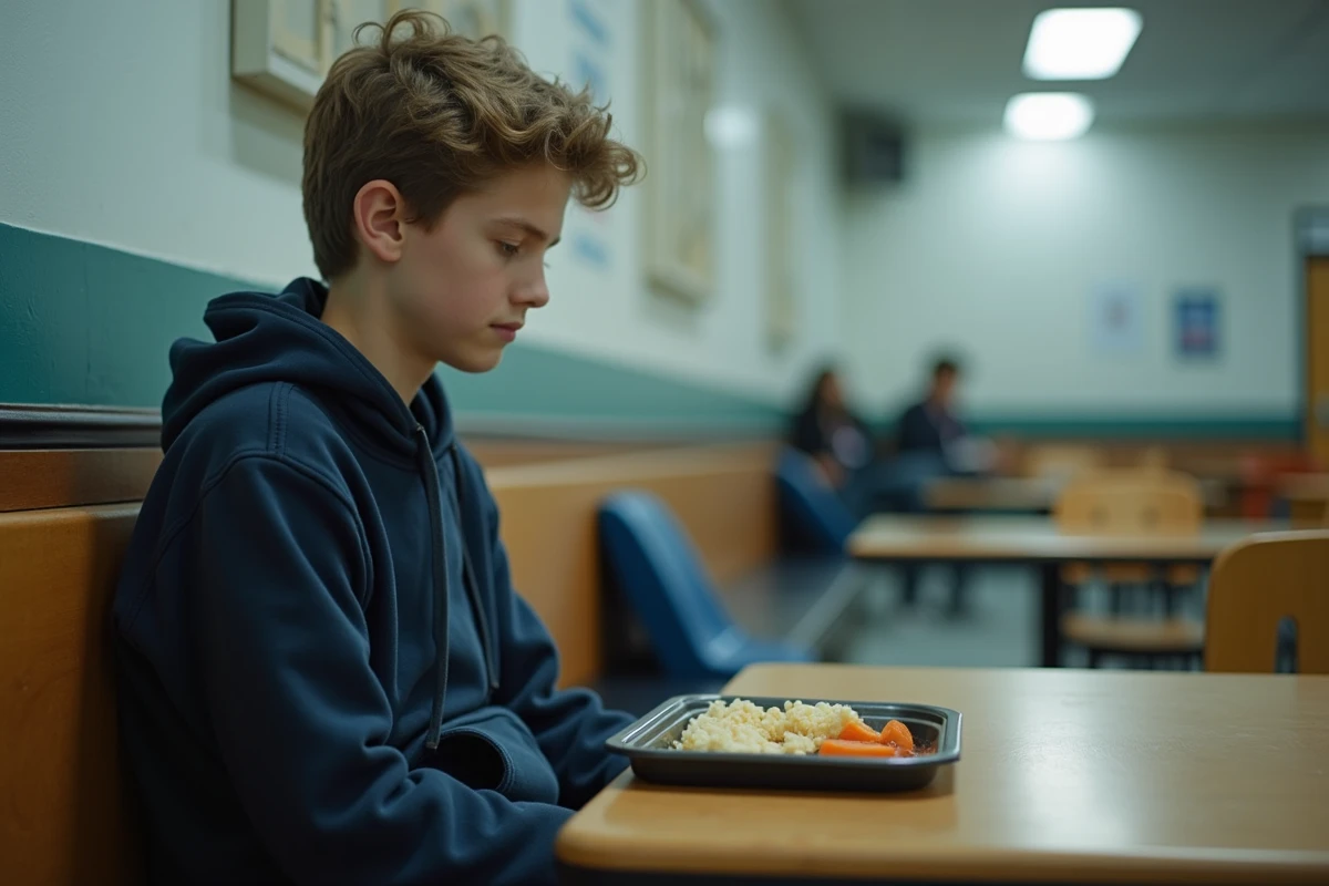 Adolescent devant un plateau repas non touché en cafétéria scolaire, évoquant le manque d'appétit chez l'ado