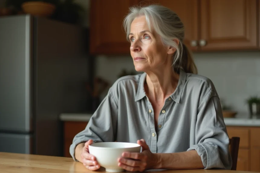 Femme adulte assise devant un bol vide, illustrant le jeûne et la privation alimentaire chez l'adulte