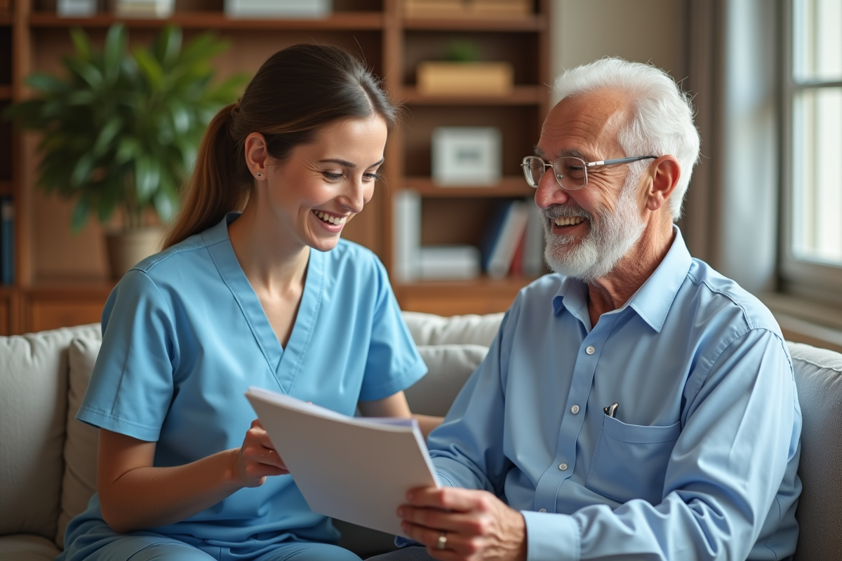 Aide-soignante aidant une personne agee à la maison