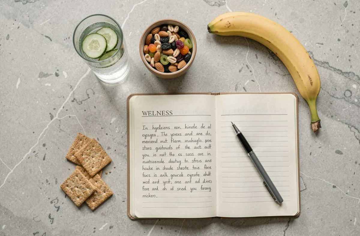 Vue de dessus d'aliments sains et d'un verre d'eau sur un comptoir, illustrant l'importance de la nutrition et de l'hydratation contre la fatigue et les vertiges