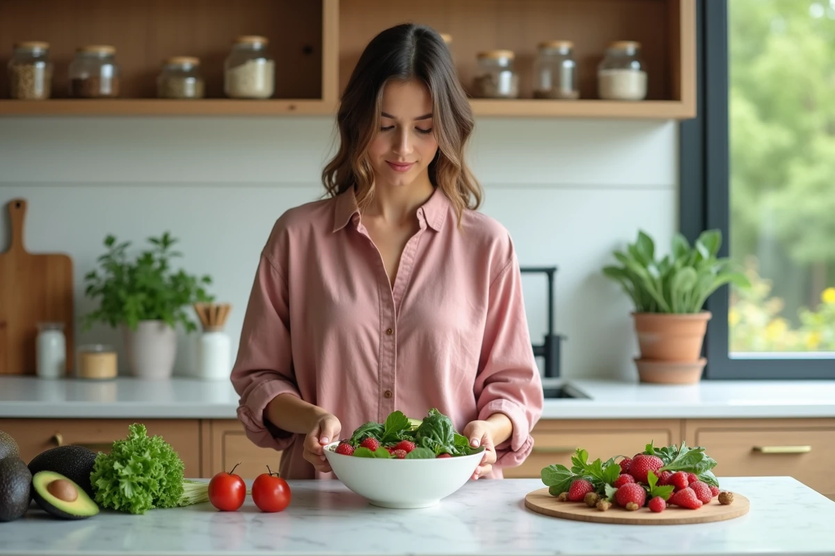 Femme préparant une alimentation saine pour prévenir les kystes aux ovaires