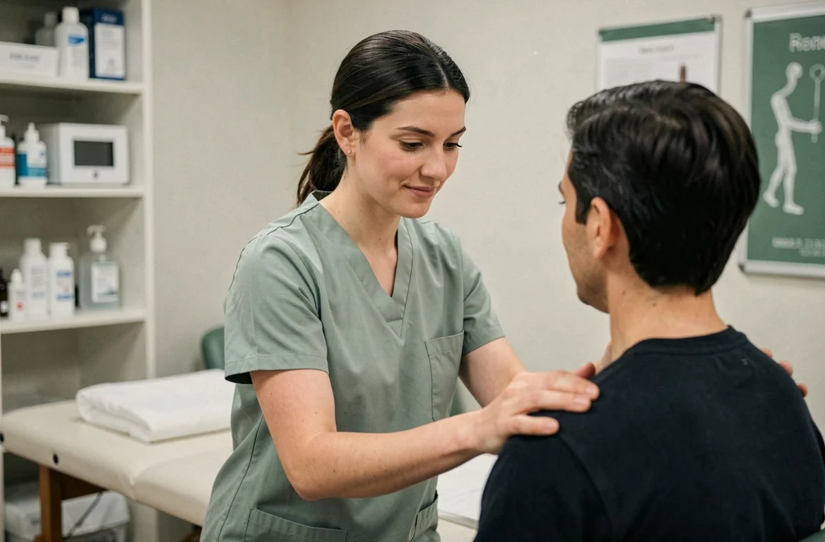 Amélie Tetillon, kinésithérapeute aux Mureaux, évaluant la mobilité de l'épaule d'un patient en cabinet