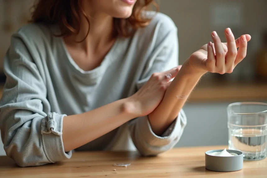 Femme appliquant une crème hydratante épaisse sur un avant-bras présentant de l'eczéma et une peau irritée