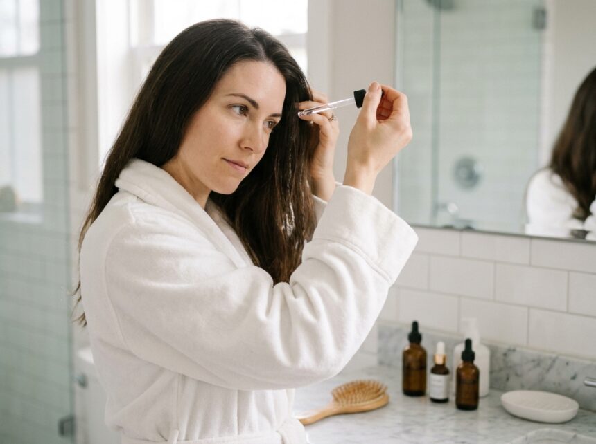 Femme appliquant un sérum anti-chute sur le cuir chevelu dans une salle de bain moderne avec des flacons de soins capillaires sur le comptoir