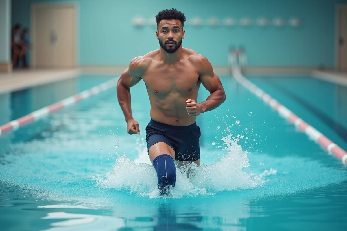 Sportif portant une genouillère de compression pratiquant l'aquajogging en piscine intérieure, exercice recommandé en cas de kyste derrière le genou