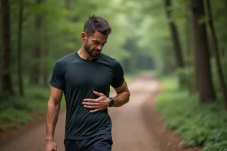 Athlète homme en pleine pause course en forêt