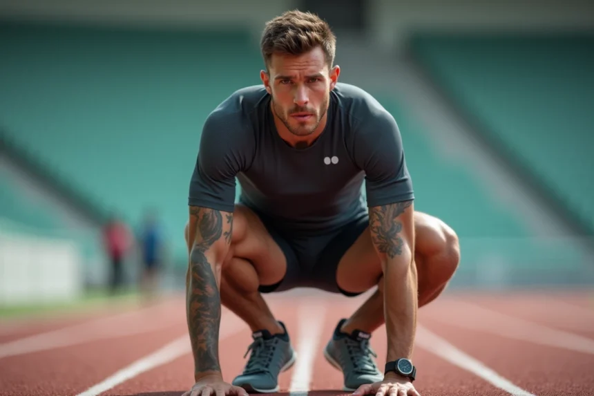 Athlète masculin en tenue de compression accroupi sur une piste d'athlétisme après un effort intense, illustrant la circulation sanguine et l'effort cardiovasculaire lors du sport