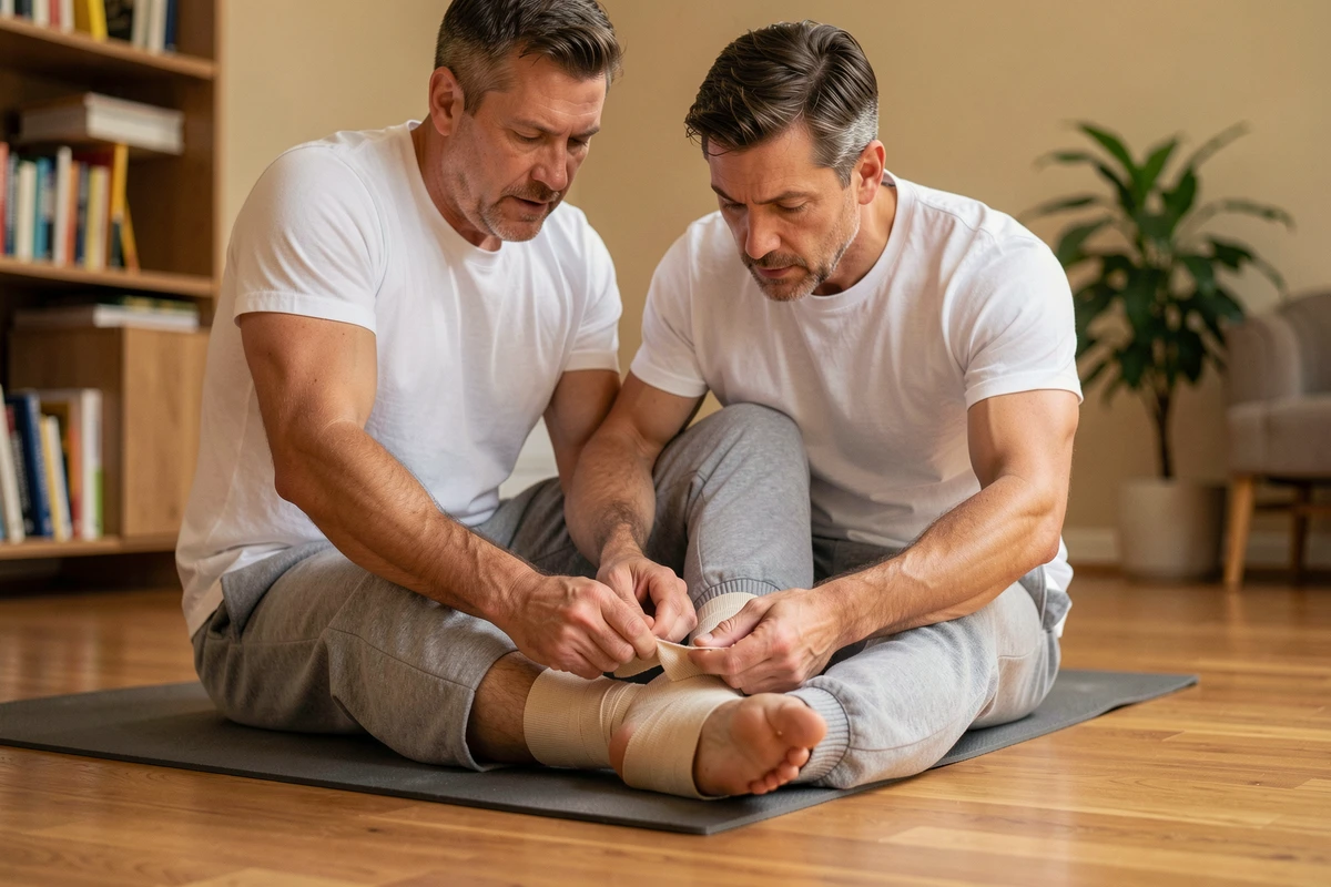 Homme bandant son talon d'Achille avec une bande de compression pour traiter une bursite à domicile
