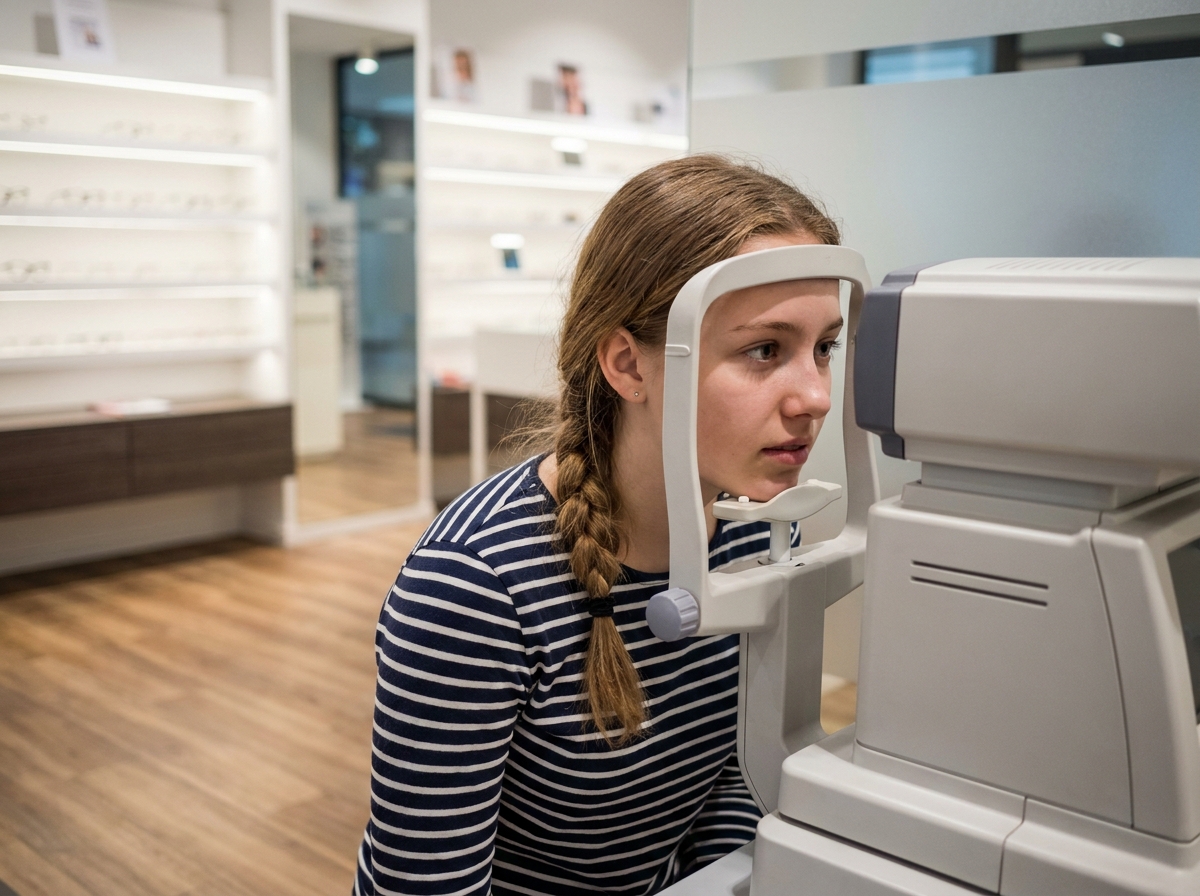Adolescente utilisant un autoréfractomètre lors d'un bilan visuel dans une boutique d'optique moderne