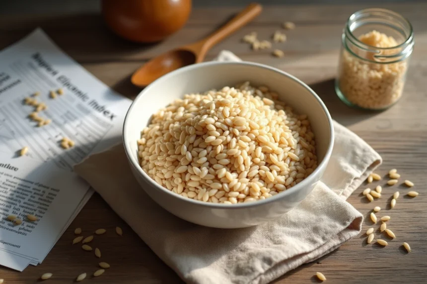 Bol de riz complet cuit avec des grains crus et une étude scientifique sur la glycémie posés sur une table en bois