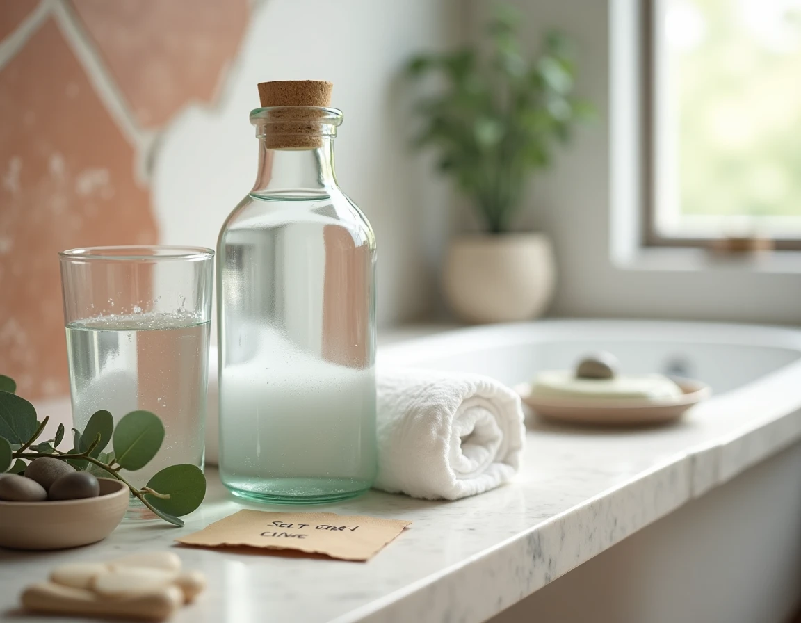 Bouteille d'eau minérale Saint-Antonin et verre posés sur une étagère de salle de bain zen pour une routine bien-être anti-constipation
