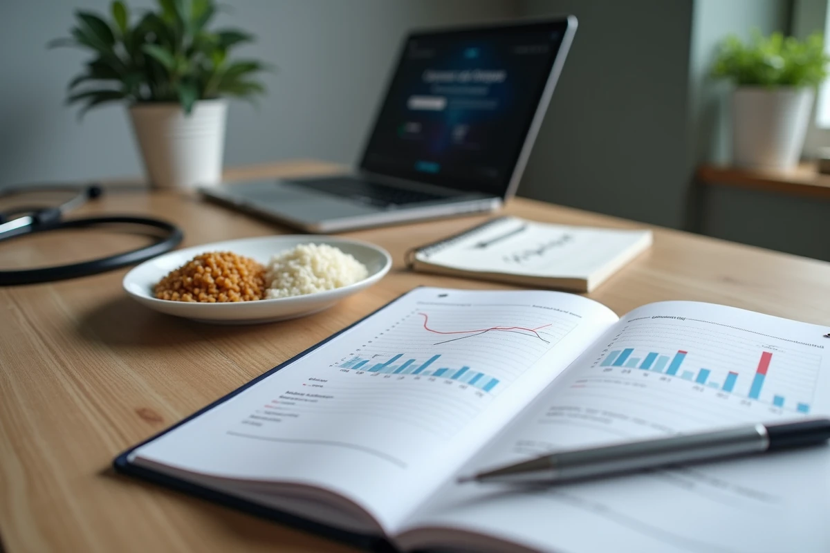 Bureau de nutritionniste avec journal médical sur l'index glycémique, comparaison riz complet et riz blanc, et notes manuscrites