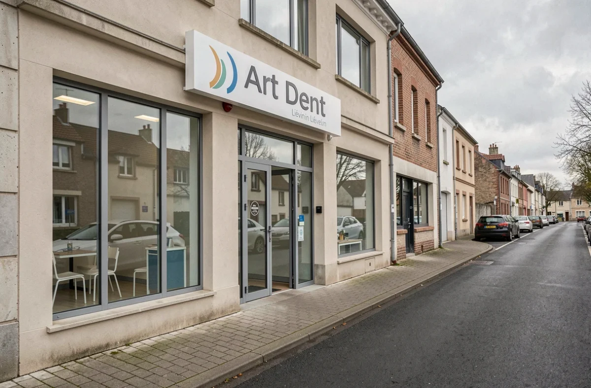 Façade du cabinet dentaire Art'Dent à Liévin dans le Pas-de-Calais, avec enseigne moderne et entrée vitrée
