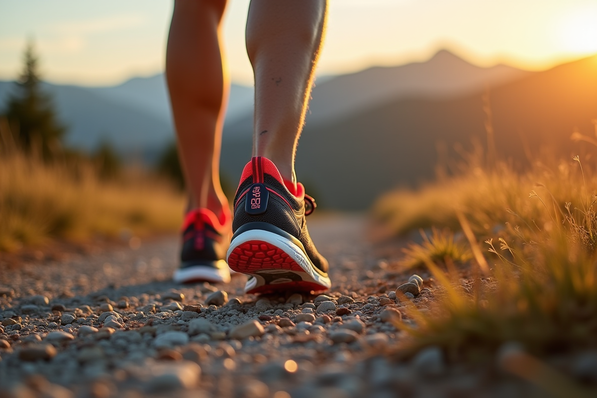 Chaussures de sport en mouvement sur un sentier en gravier