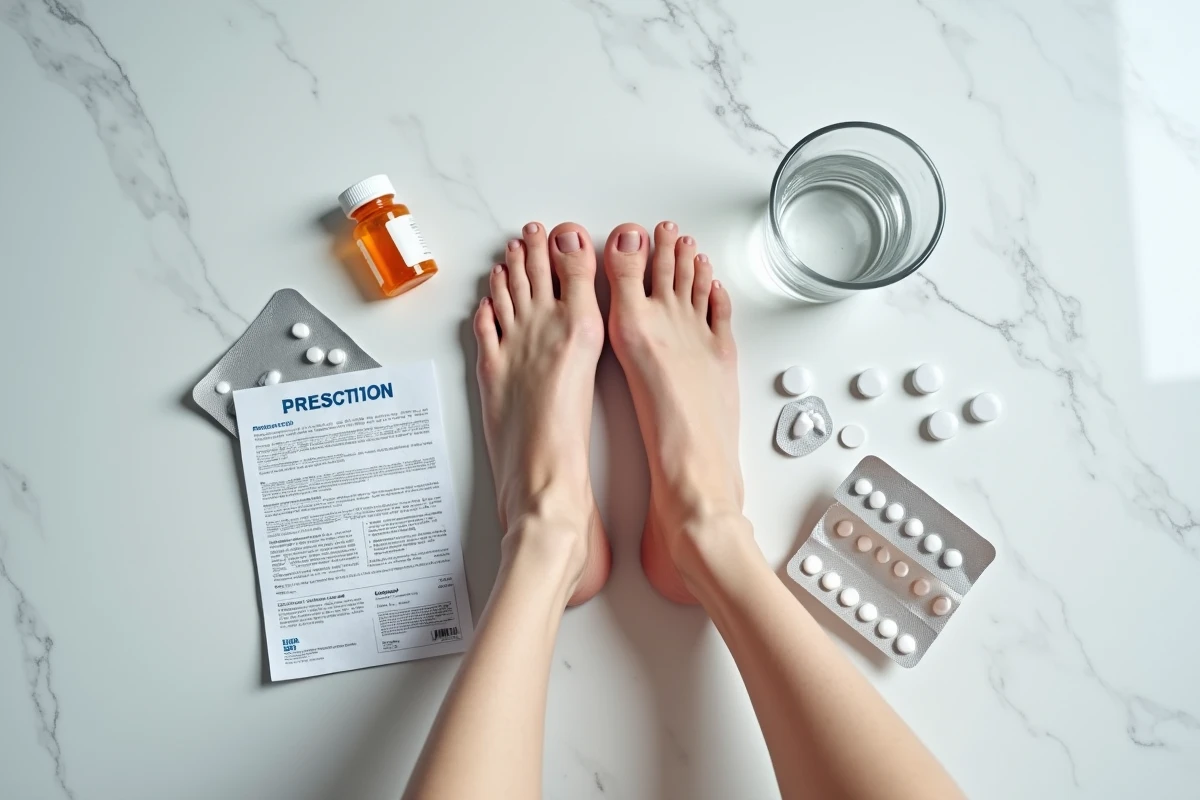 Vue en plongée de pieds aux chevilles enflées entourés de médicaments et plaquettes de comprimés sur marbre blanc