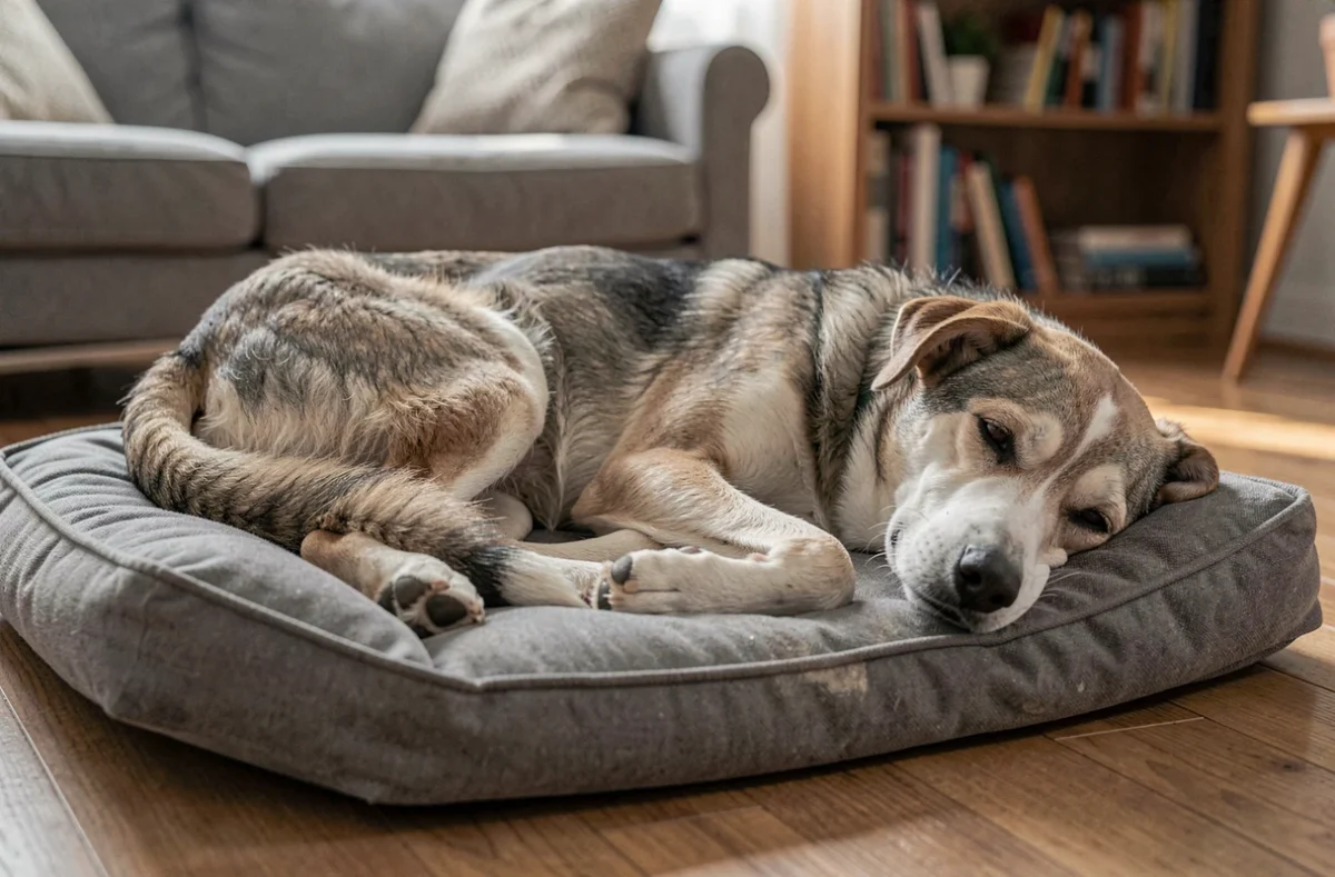 Chien âgé allongé et apathique sur son panier, présentant des signes de fatigue pouvant indiquer une tumeur de la rate