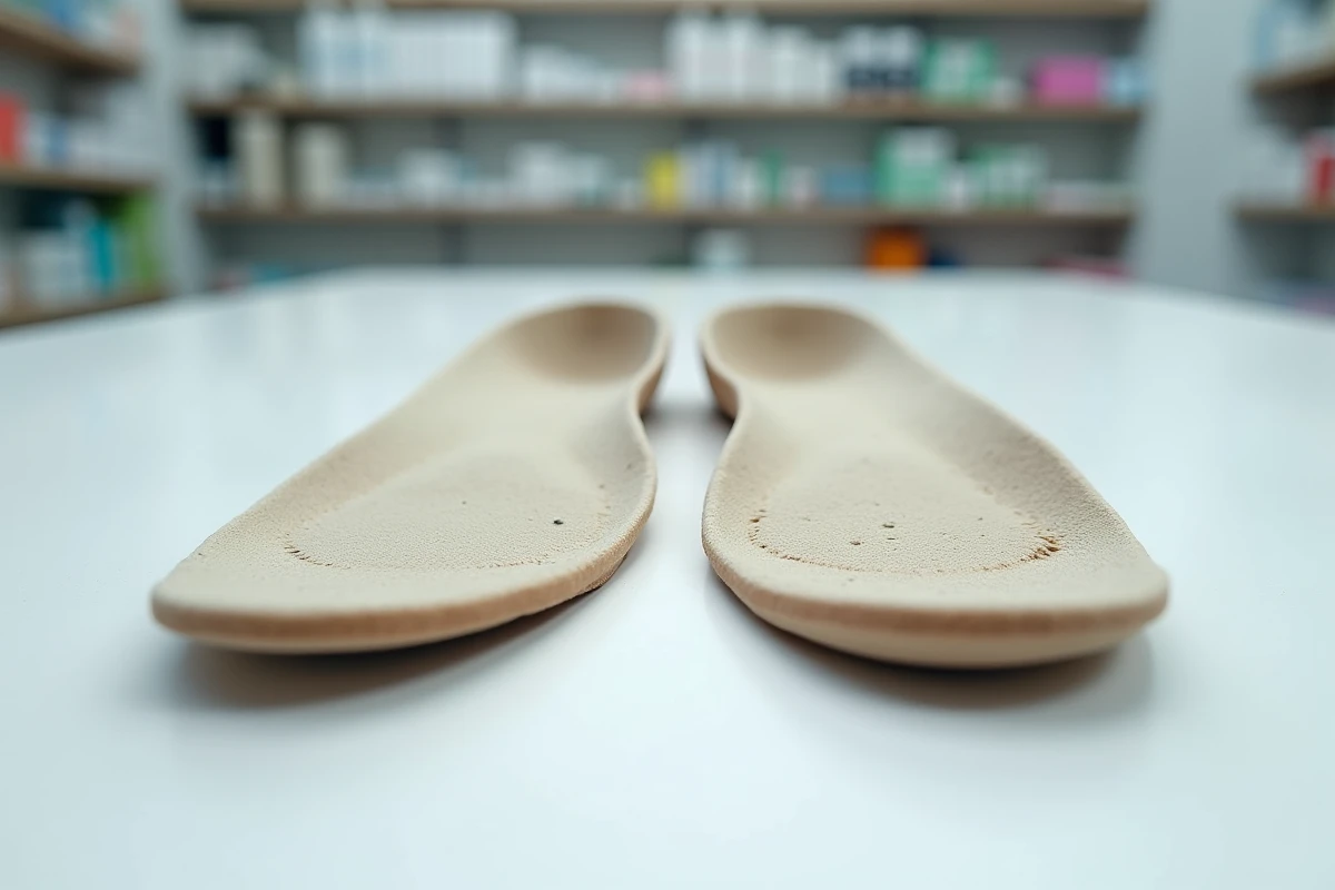 Comparaison entre une ancienne semelle pour pied plat usée et déformée et une nouvelle semelle orthopédique en bon état sur une surface blanche