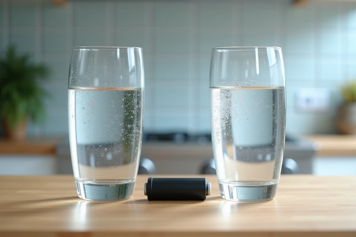 Comparaison visuelle entre un verre d'eau du robinet trouble et un verre d'eau filtrée par un système Berkey, avec une cartouche filtrante noire posée entre les deux