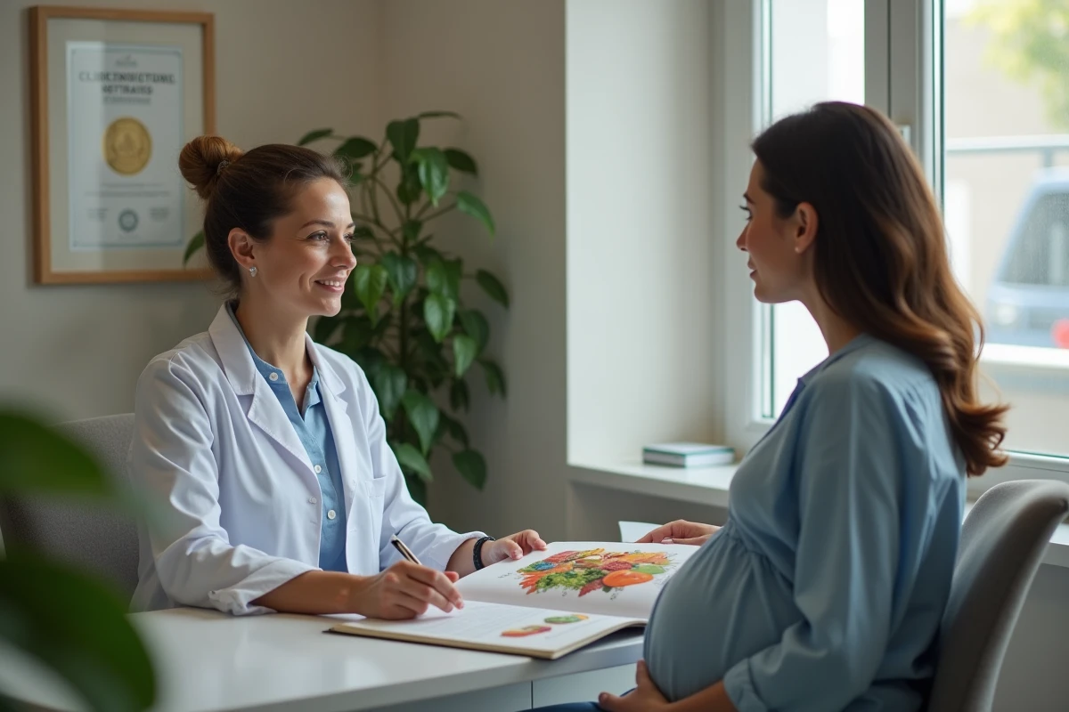 Consultation médicale entre une sage-femme et une femme enceinte sur l'alimentation et les fromages à éviter