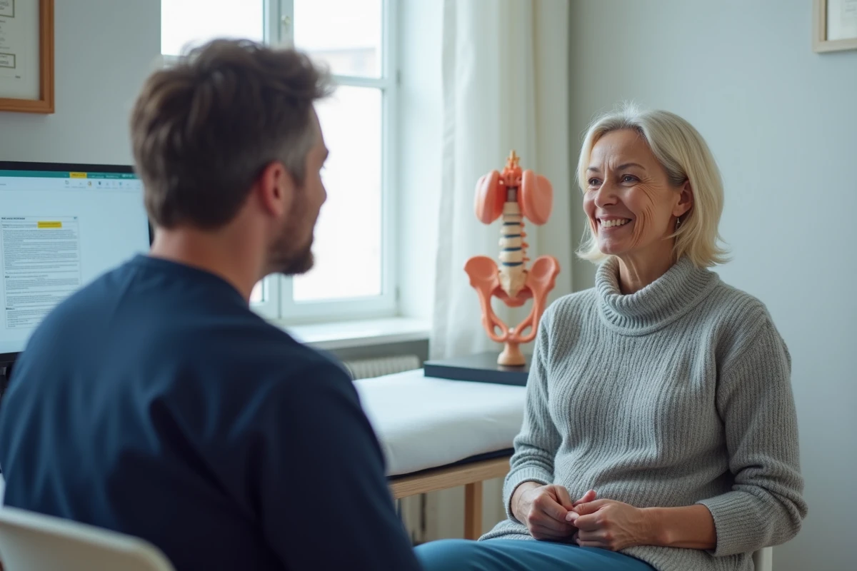 Consultation médicale entre un kinésithérapeute et une patiente traitée pour une névralgie pudendale