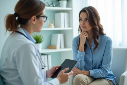 Femme en consultation médicale avec une docteure dans un cabinet moderne