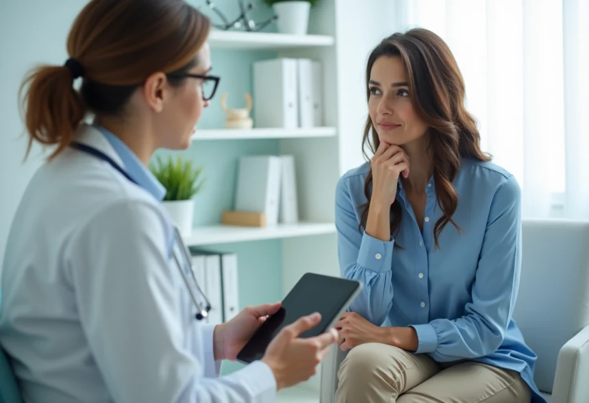 Femme en consultation médicale avec une docteure dans un cabinet moderne
