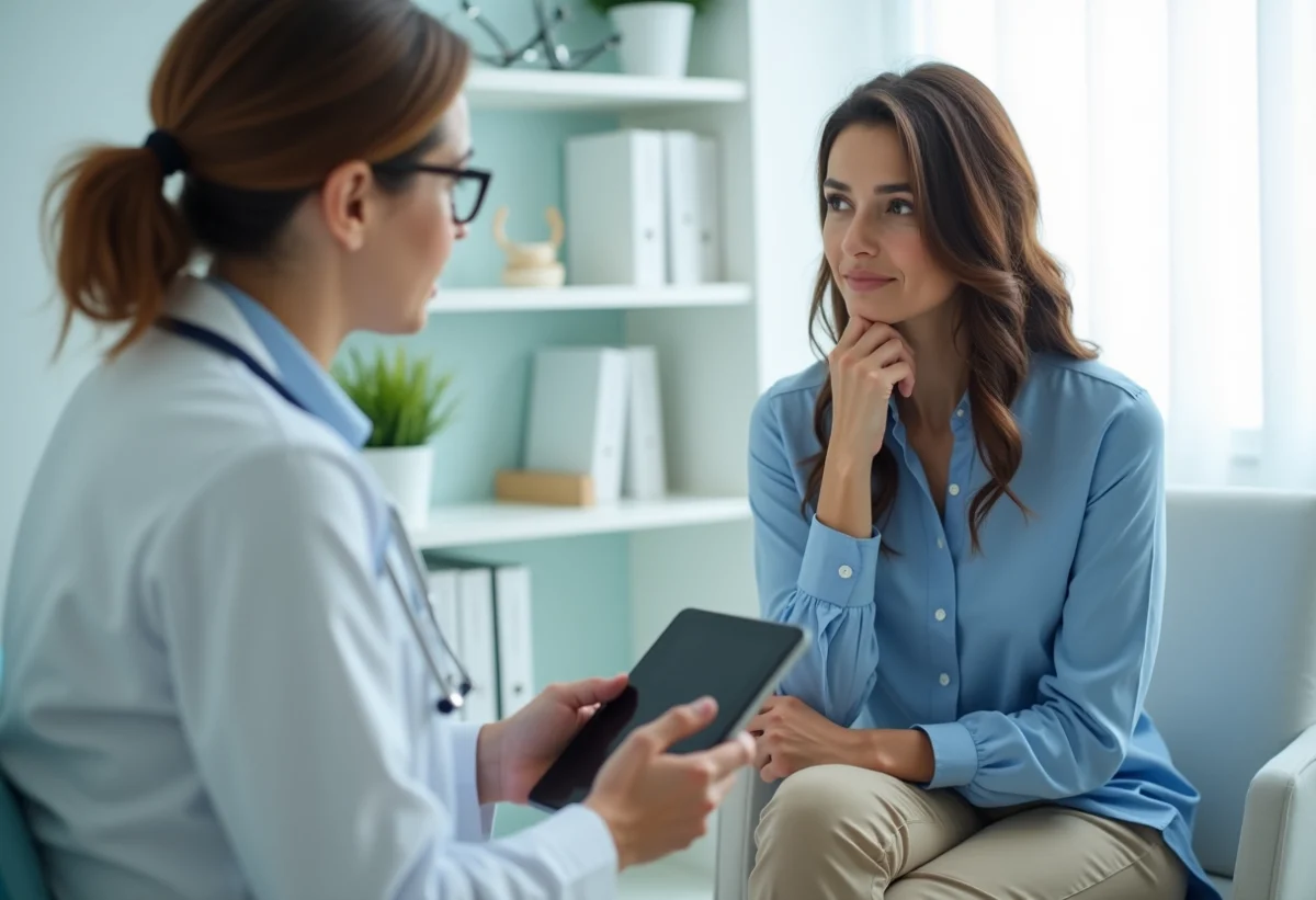 Femme en consultation médicale avec une docteure dans un cabinet moderne