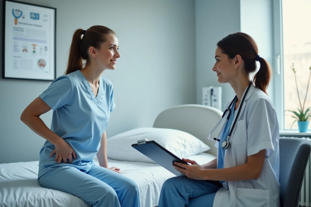 Patiente en post-partum discutant avec sa gynécologue d'une gêne anale après l'accouchement dans un cabinet médical
