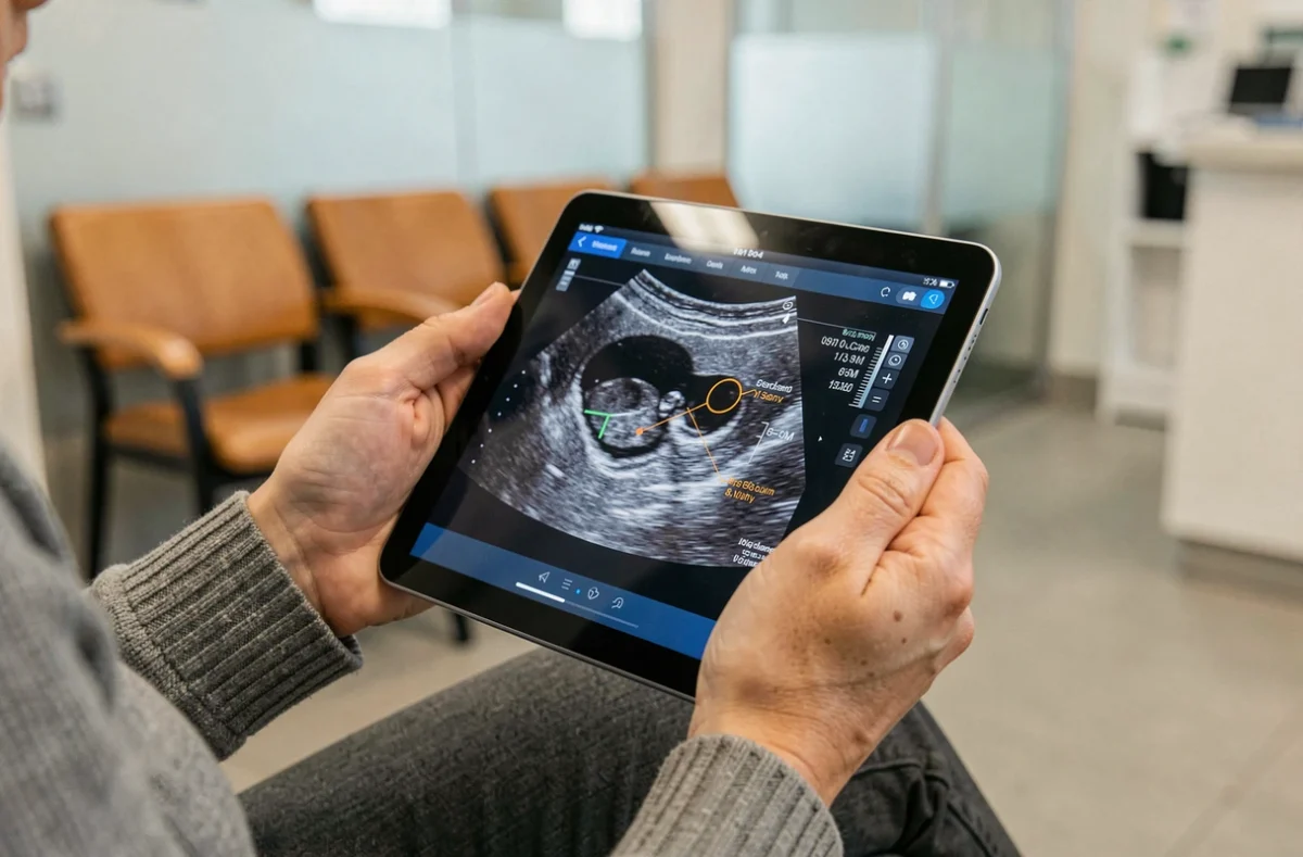 Femme consultant les résultats d'une échographie utérine montrant un polype sur une tablette médicale