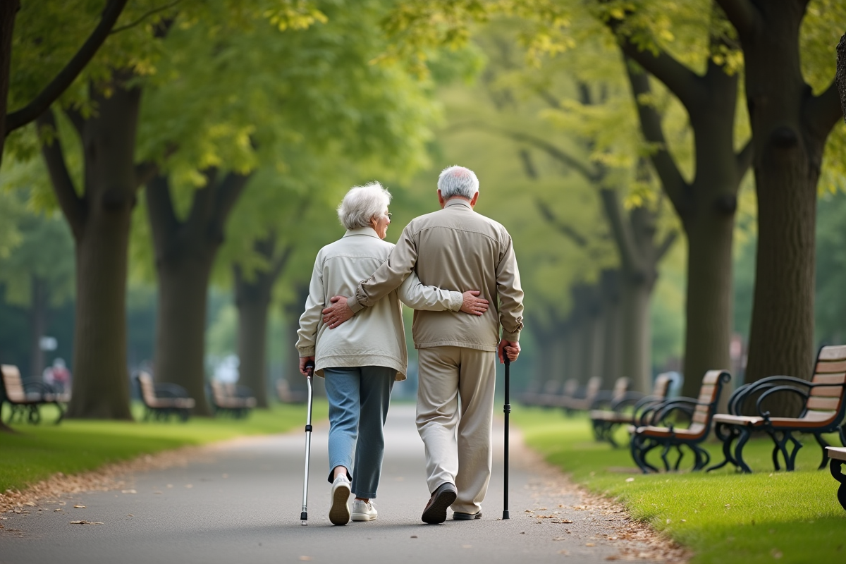Couple âgé marchant dans un parc verdoyant