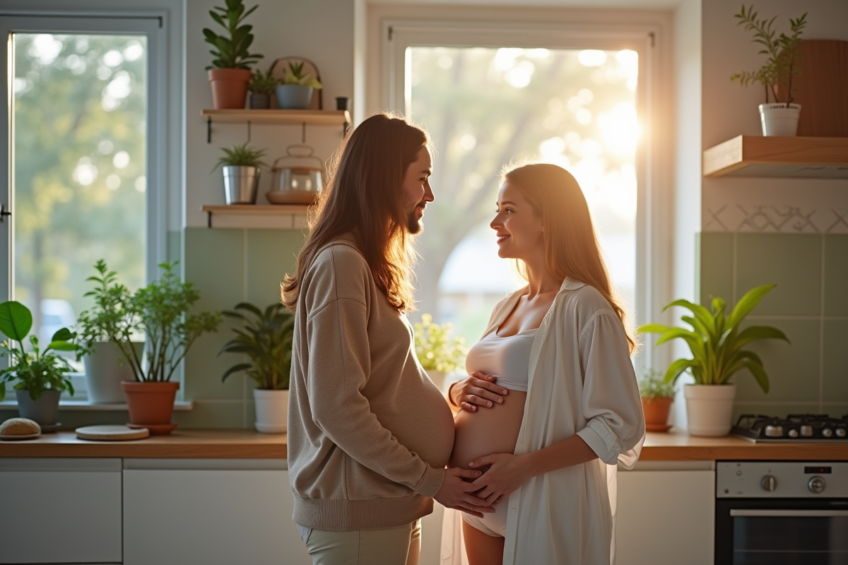 Couple enceinte dans une cuisine moderne et lumineuse