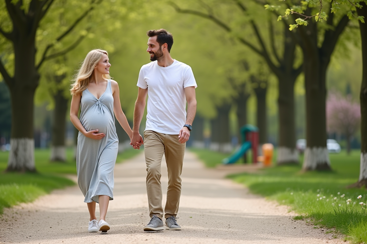 Jeune couple enceinte se promenant dans un parc printanier