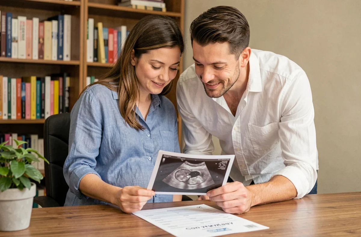 Couple attendant un bébé qui examine ensemble une échographie et une feuille de calcul de date de terme