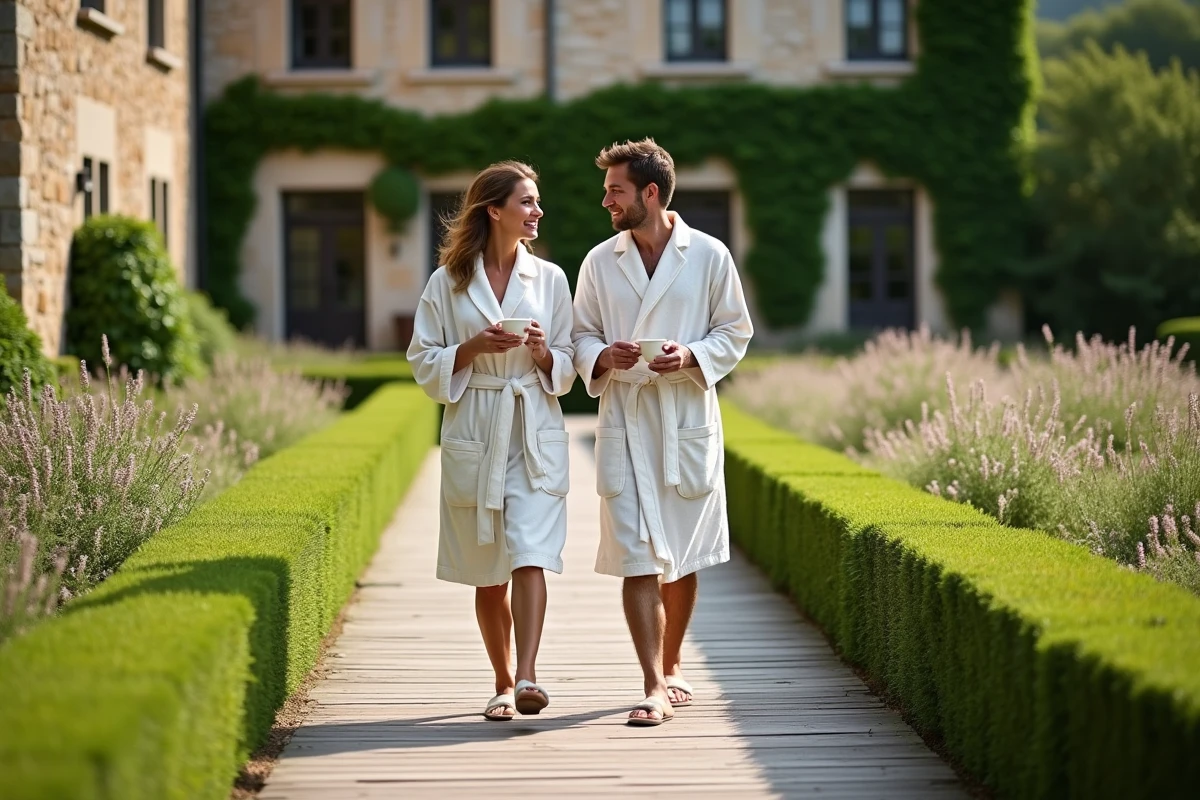 Couple en peignoir se promenant dans le jardin d'un spa de campagne dans le Cher près de Bourges
