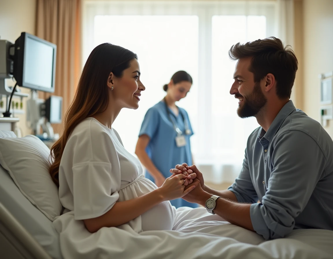 Couple en salle de maternité avant la pose de la péridurale, parturiente à 2 centimètres de dilatation