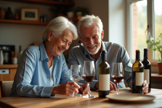 Couple senior souriant dans une cuisine lisant étiquettes de vin