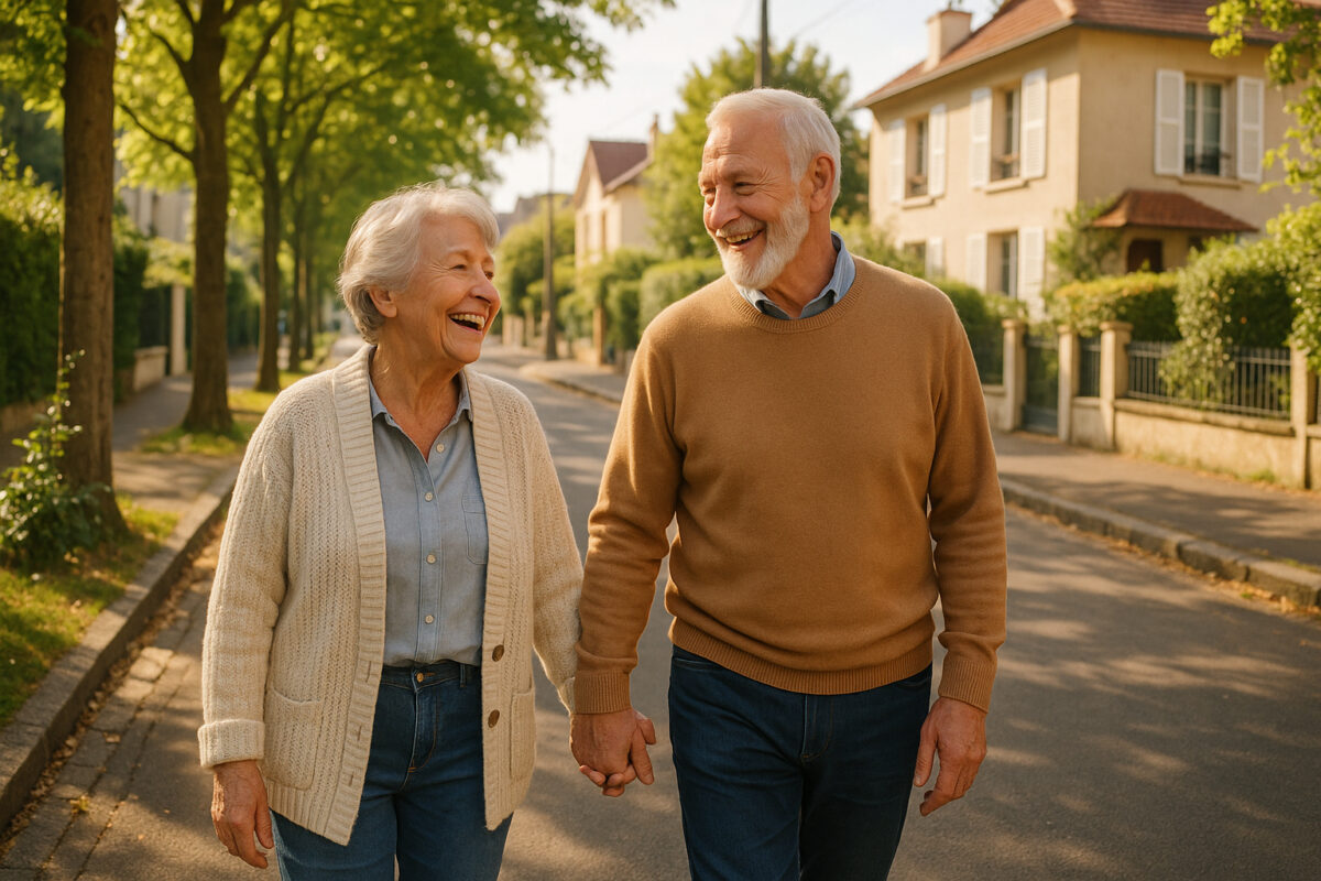 Couple senior heureux marchant main dans la main dans une rue verdoyante à Paris