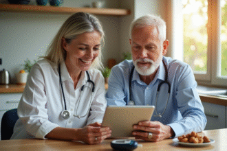 Couple moyenâgeux discutant de santé avec tablette à la maison