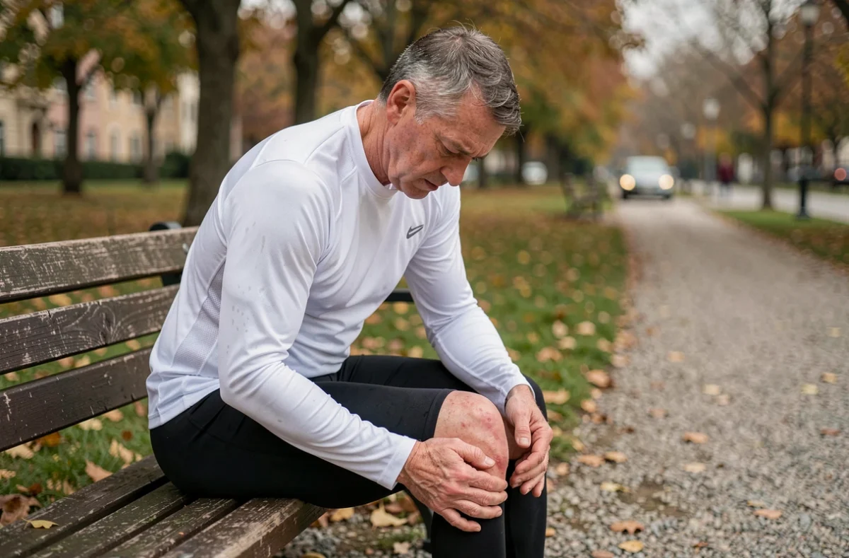 Coureur senior examinant sa douleur au genou côté interne sur un banc de parc après un effort physique