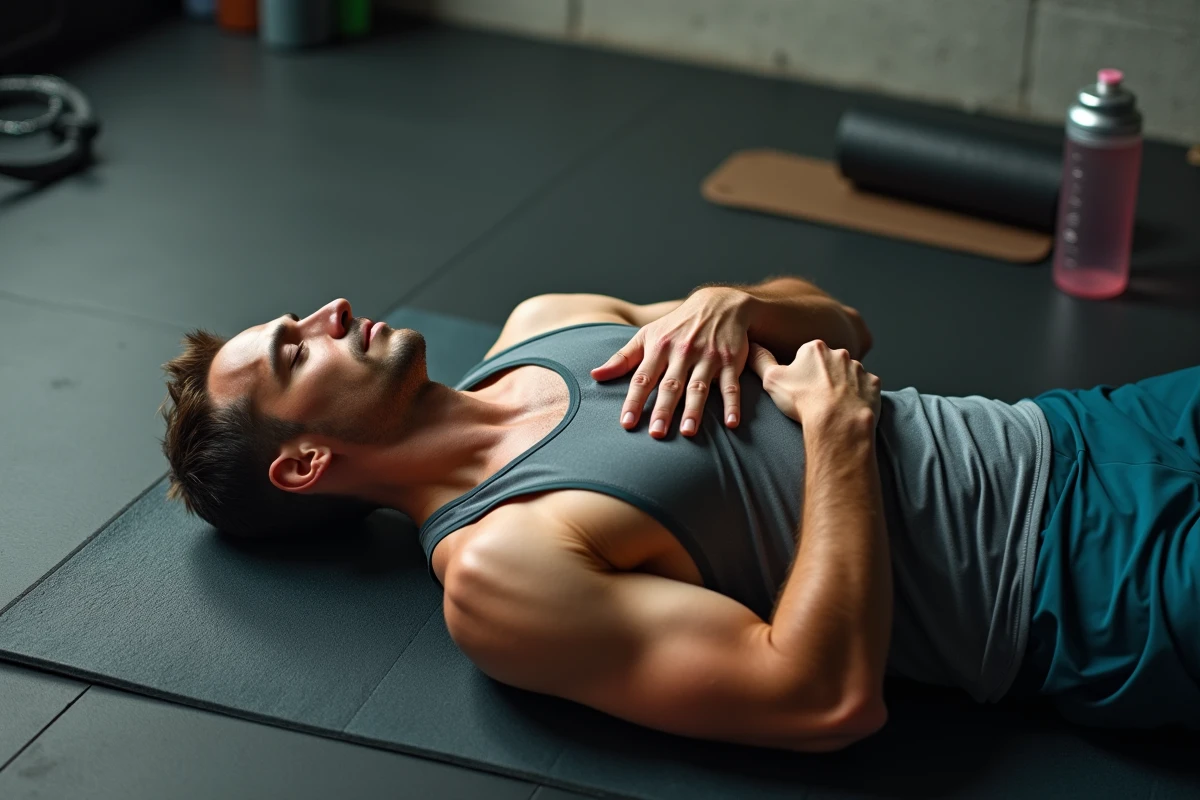 Coureur allongé sur un tapis de récupération en salle de sport, main sur le cœur après un effort soutenu, illustrant la récupération cardiovasculaire et le rôle du volume sanguin dans le sport