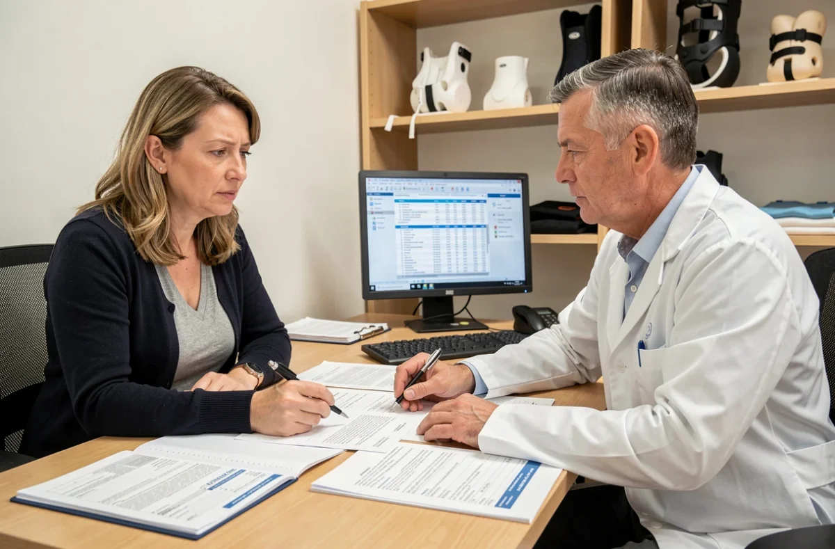 Mère discutant du coût et du renouvellement d'un corset pour scoliose avec un orthoprothésiste lors d'une consultation administrative