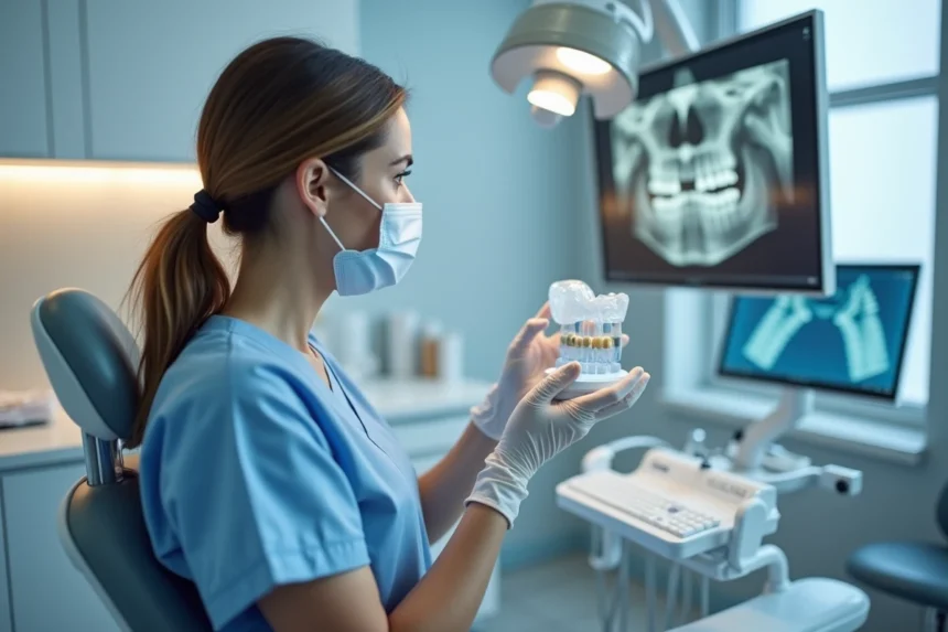 Dentiste examinant un modèle dentaire 3D et une radiographie panoramique pour explorer des alternatives à l'implant dentaire en cas de manque d'os