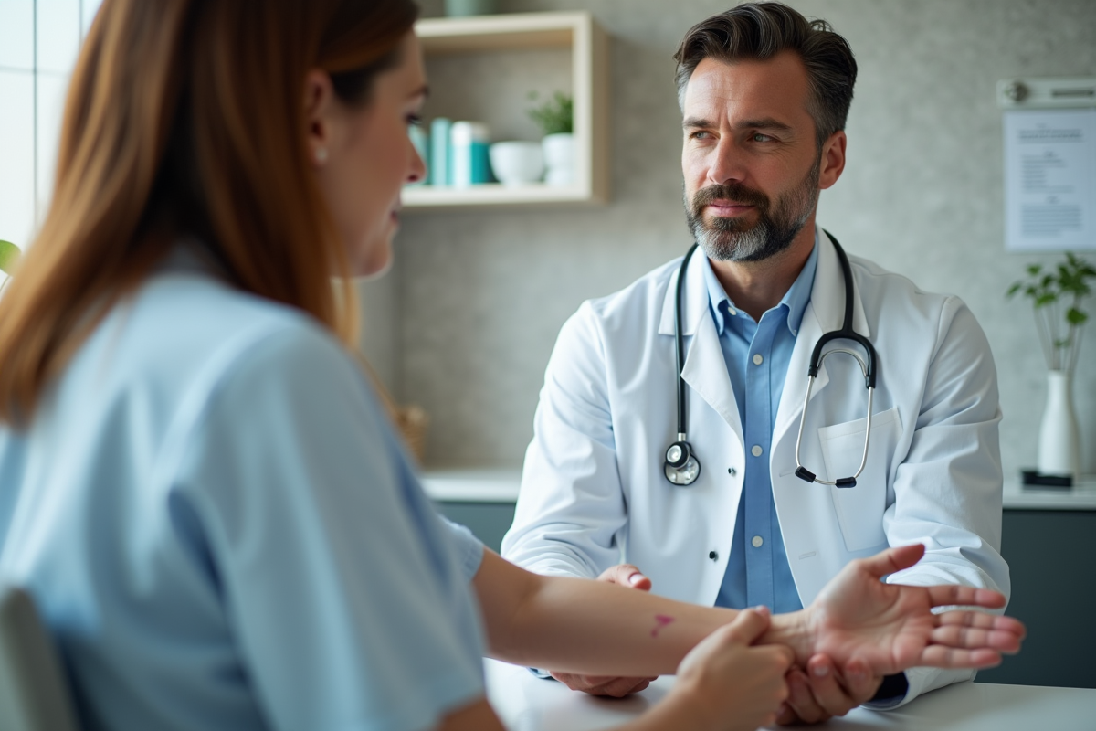 Médecin dermatologue examine la peau d