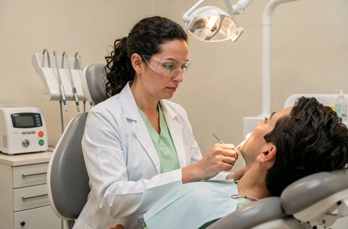 Docteure Agathe Eskenazi, dentiste femme dans le Pas-de-Calais, examinant un patient dans son cabinet