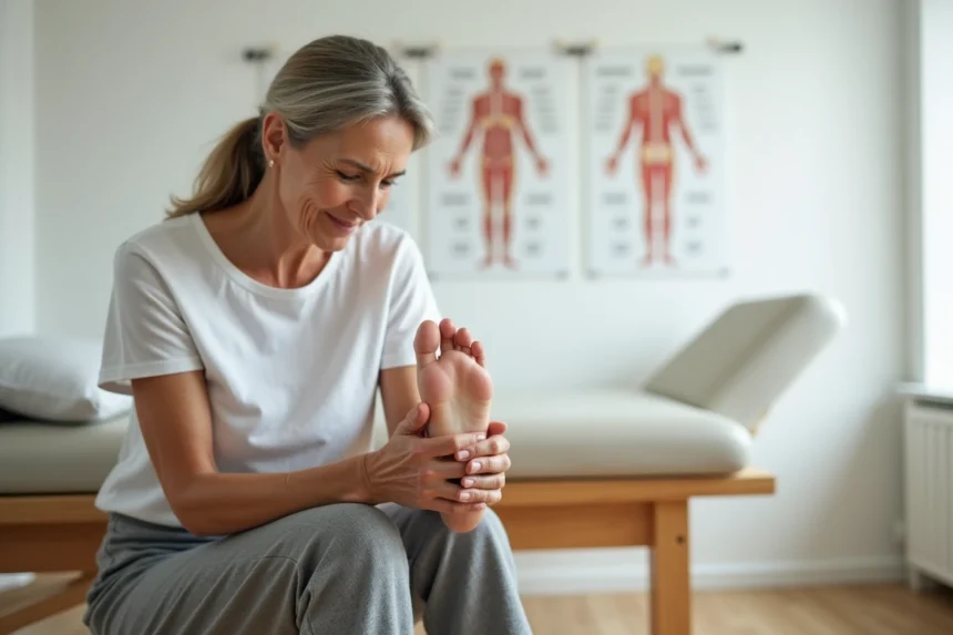 Femme appuyant sur le côté extérieur du pied pour localiser une douleur liée au nerf sural en cabinet de kinésithérapie