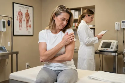 Femme tenant son épaule douloureuse après une infiltration dans un cabinet médical orthopédique