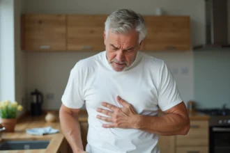 Homme d'âge moyen tenant sa main gauche contre ses côtes en signe de douleur intercostale côté gauche