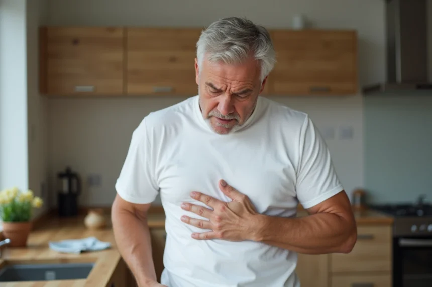 Homme d'âge moyen tenant sa main gauche contre ses côtes en signe de douleur intercostale côté gauche