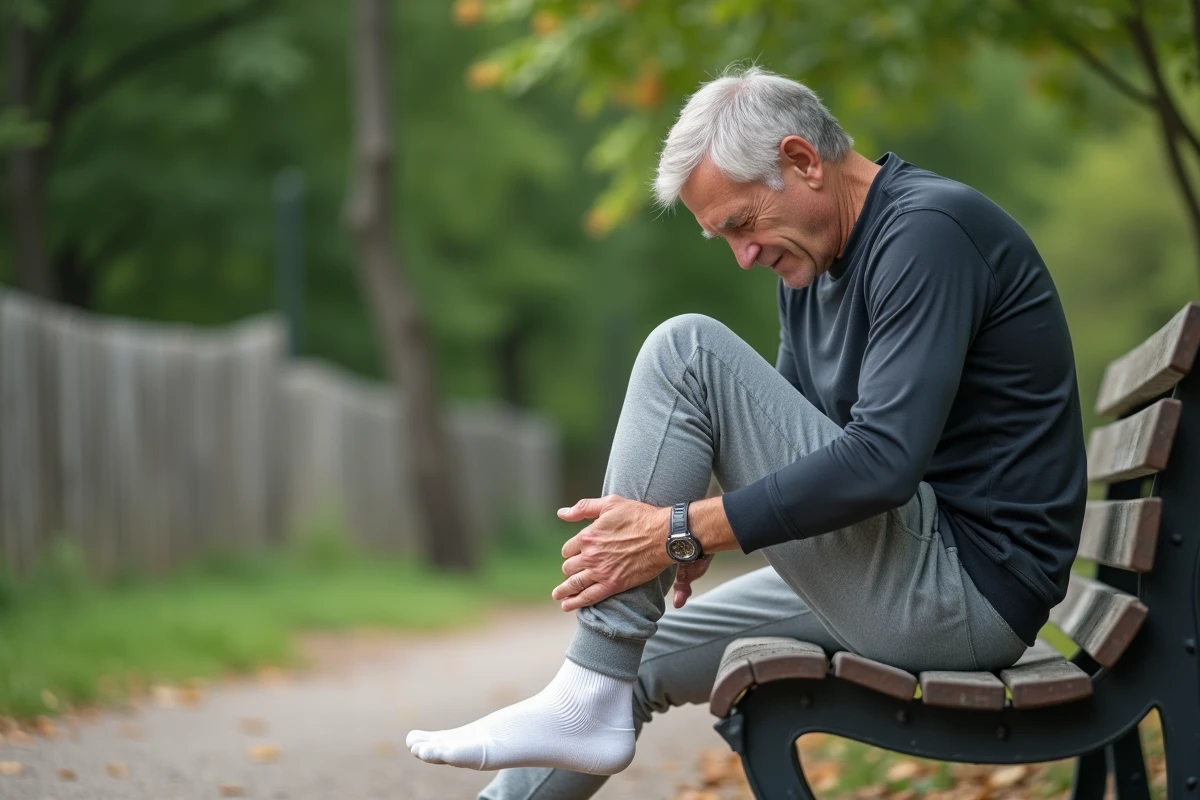 Homme en tenue de sport soulagent une douleur sur le côté extérieur du pied liée au nerf sural assis sur un banc en plein air